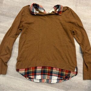 J. Crew Tan Sweater with Multicolor Plaid Collar